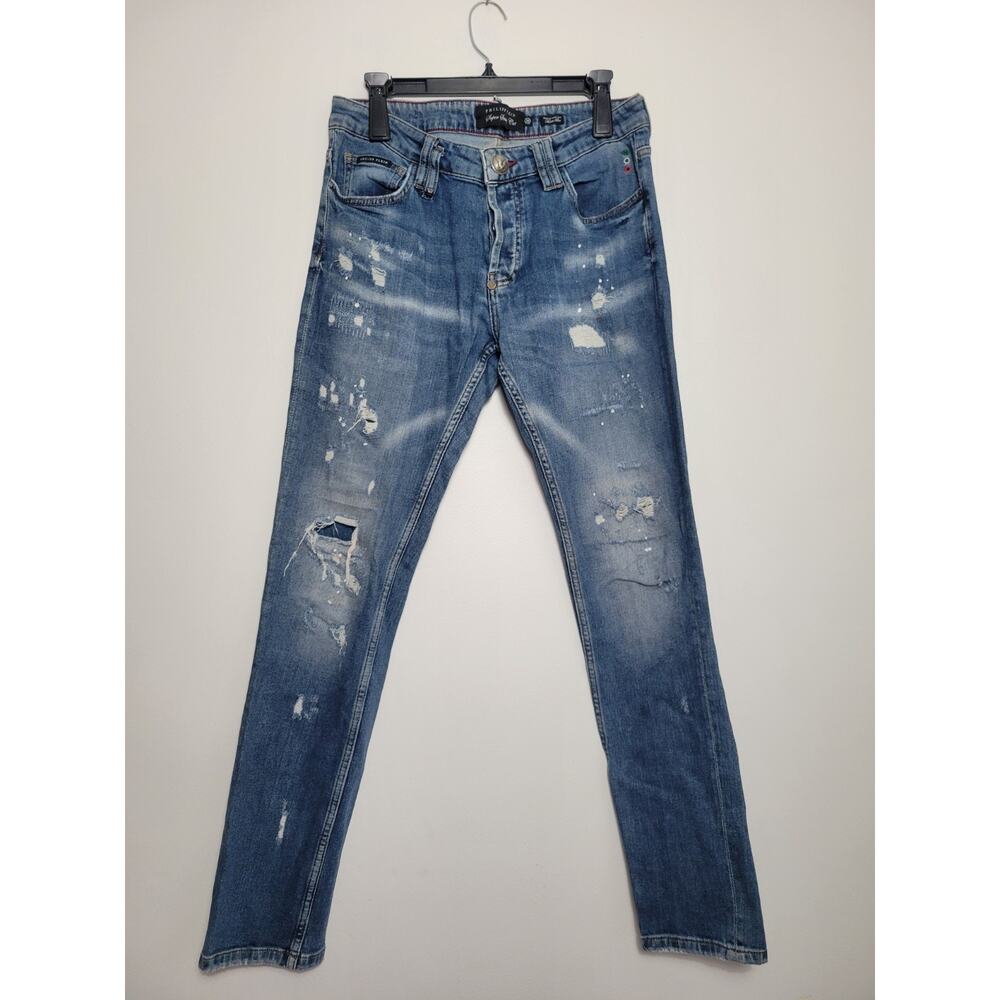 Philipp Plein Super Straight Cut Jeans Mens 32×32 Straight Leg Distressed